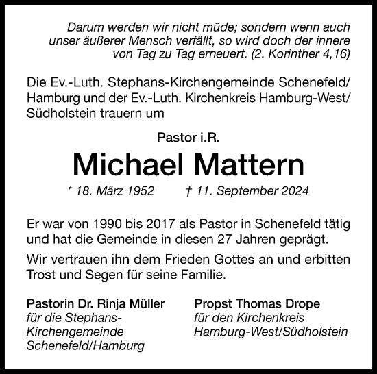 Traueranzeige von Michael Mattern von Region Pinneberg und tip Pinneberg