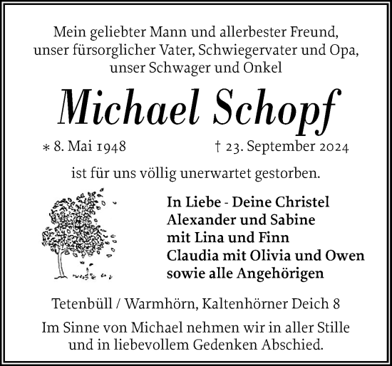 Traueranzeige von Michael Schopf von Husumer Nachrichten, Nordfriesland Tageblatt