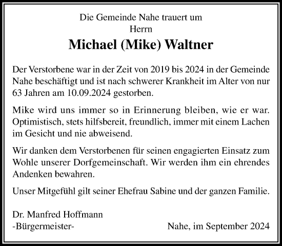 Traueranzeige von Michael Waltner von Stormaner Tageblatt