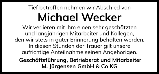 Traueranzeige von Michael Wecker von Flensburger Tageblatt