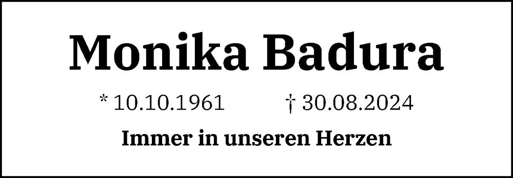  Traueranzeige für Monika Badura vom 21.09.2024 aus Flensburger Tageblatt