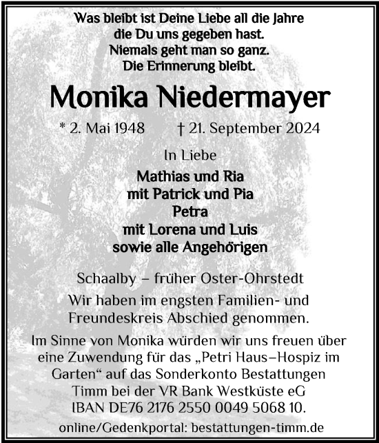 Traueranzeige von Monika Niedermayer von Husumer Nachrichten, Nordfriesland Tageblatt