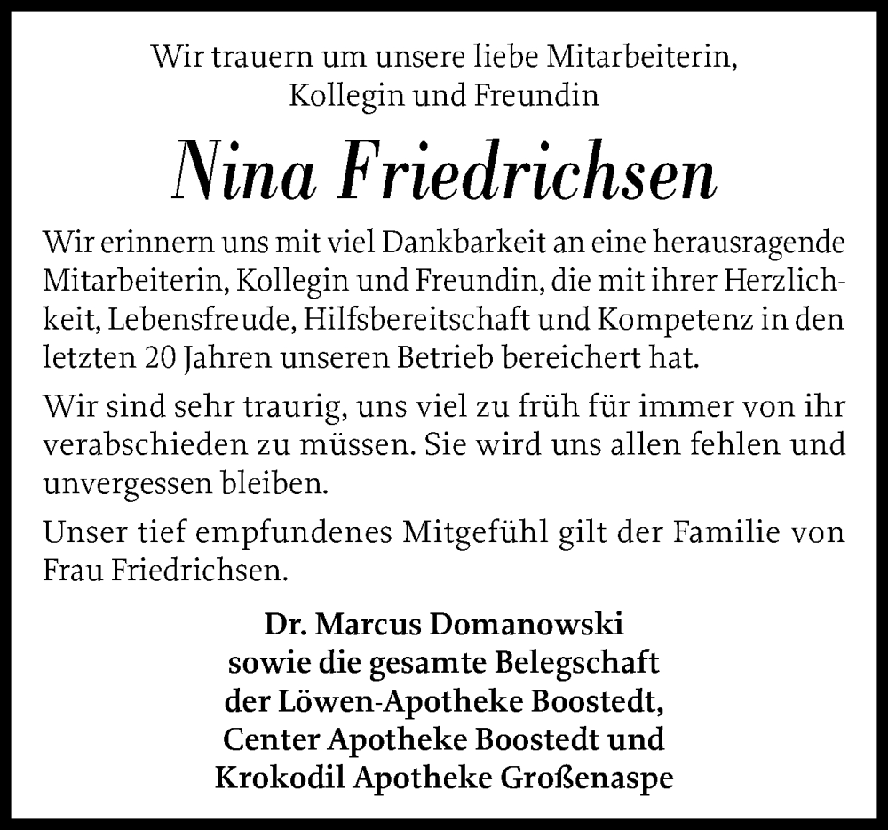  Traueranzeige für Nina Friedrichsen vom 21.09.2024 aus Holsteinischer Courier