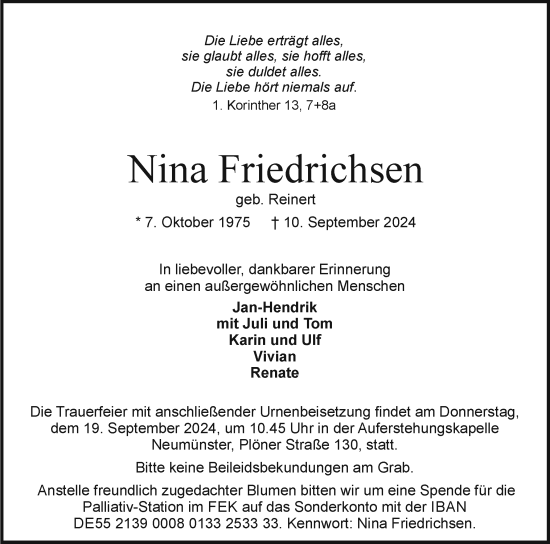 Traueranzeige von Nina Friedrichsen von Holsteinischer Courier