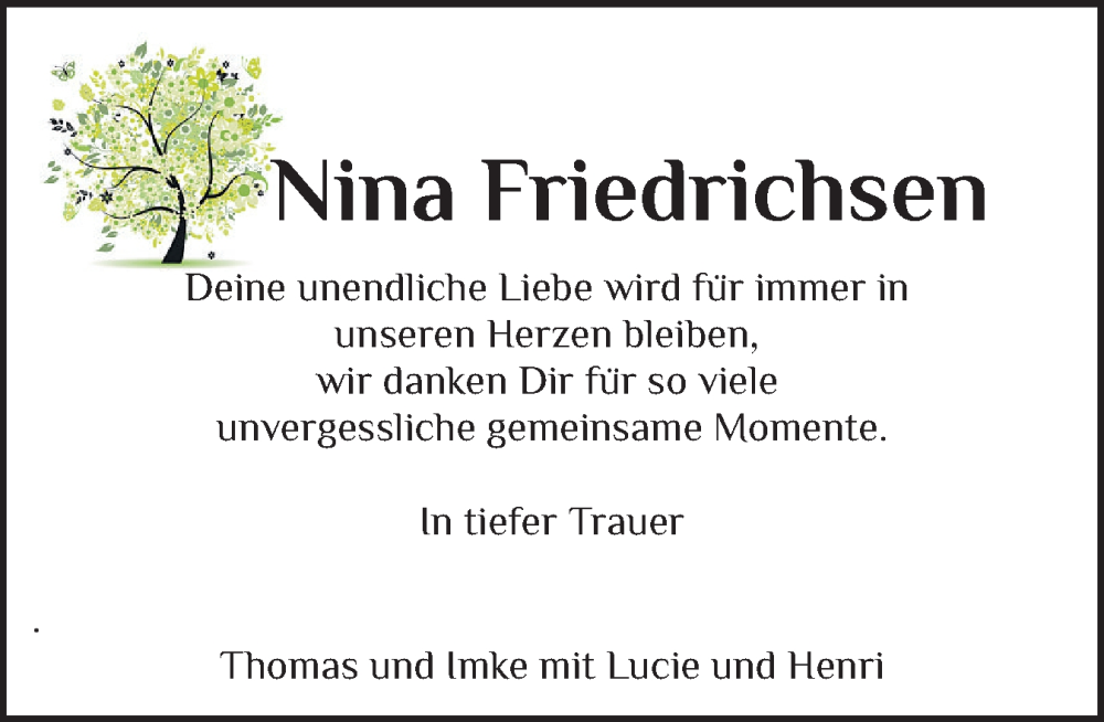  Traueranzeige für Nina Friedrichsen vom 14.09.2024 aus Holsteinischer Courier