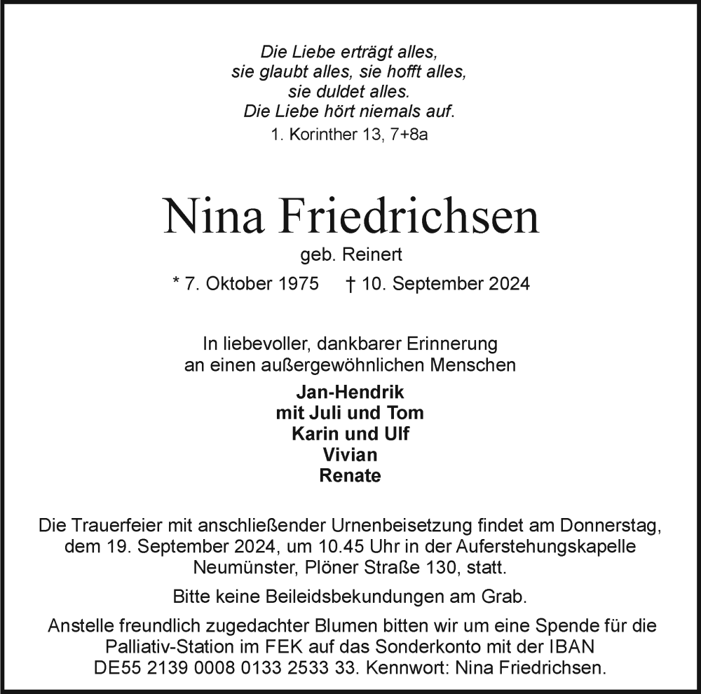  Traueranzeige für Nina Friedrichsen vom 14.09.2024 aus Holsteinischer Courier