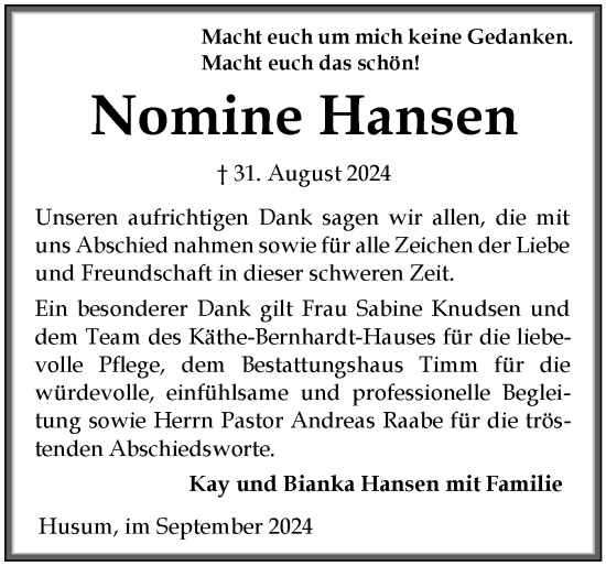 Traueranzeige von Nomine Hansen von Husumer Nachrichten, Nordfriesland Tageblatt