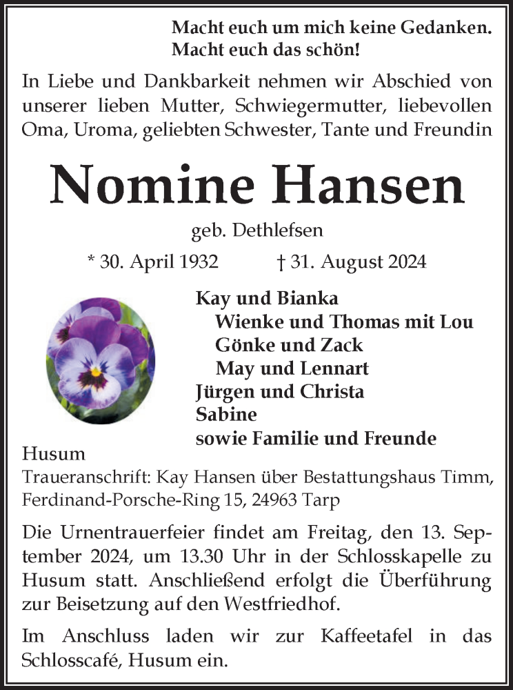  Traueranzeige für Nomine Hansen vom 07.09.2024 aus Husumer Nachrichten, Nordfriesland Tageblatt