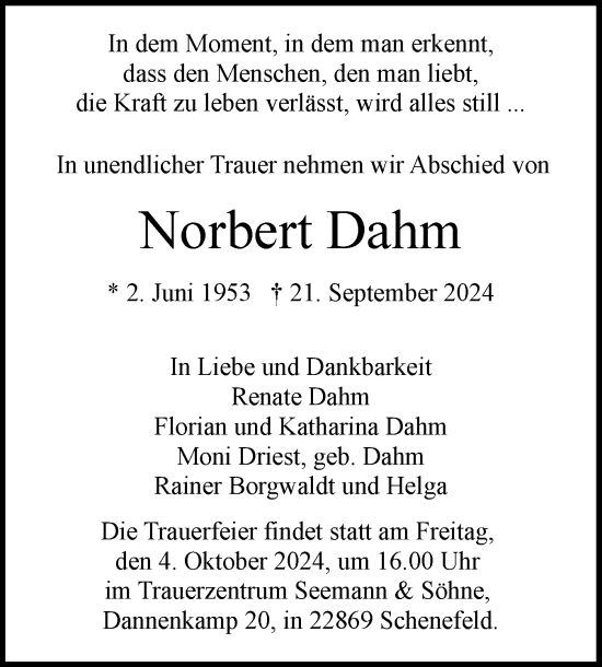 Traueranzeige von Norbert Dahm von Wedel-Schulauer Tageblatt, tip Wedel-Schulauer Tageblatt, tip Rissener Rundschau