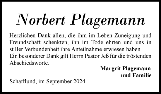 Traueranzeige von Norbert Plagemann von Flensburger Tageblatt