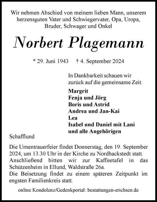 Traueranzeige von Norbert Plagemann von Flensburger Tageblatt