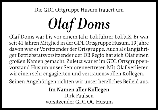 Traueranzeige von Olaf Doms von Husumer Nachrichten, Nordfriesland Tageblatt