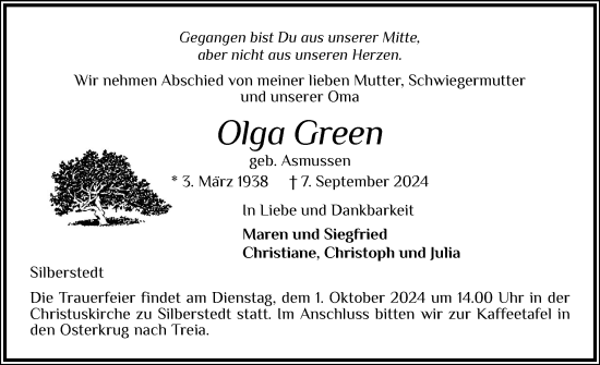 Traueranzeige von Olga Green von Schleswiger Nachrichten, Schlei-Bote, Eckernförder Zeitung