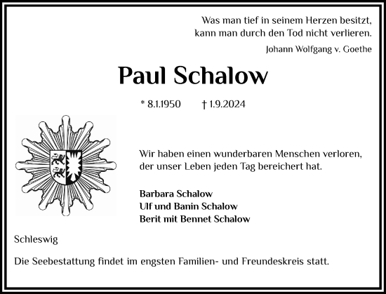 Traueranzeige von Paul Schalow von Schleswiger Nachrichten, Schlei-Bote