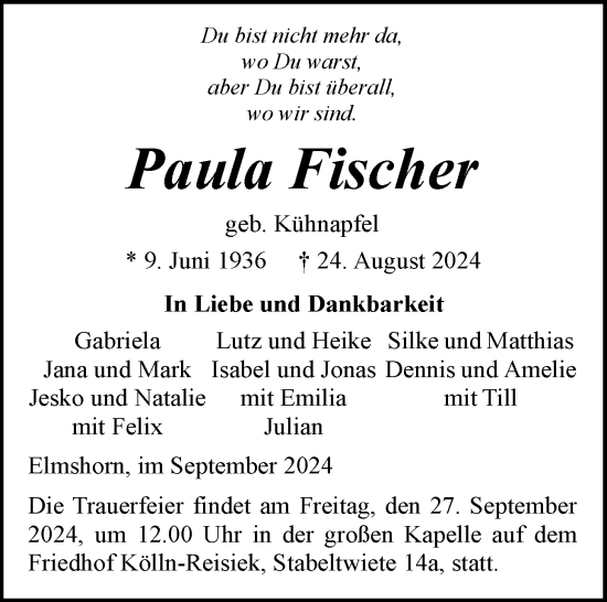 Traueranzeige von Paula Fischer von Norddeutsche Rundschau, Wilstersche Zeitung, Glückstädter Fortuna