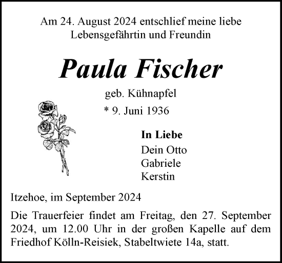 Traueranzeige von Paula Fischer von Norddeutsche Rundschau, Wilstersche Zeitung, Glückstädter Fortuna