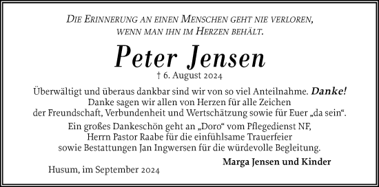 Traueranzeige von Peter Jensen von Husumer Nachrichten, Nordfriesland Tageblatt