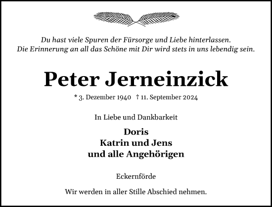 Traueranzeige von Peter Jerneinzick von Eckernförder Zeitung, Hallo Eckernförde