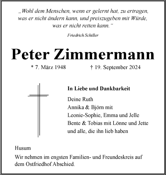 Traueranzeige von Peter Zimmermann von Husumer Nachrichten, Nordfriesland Tageblatt