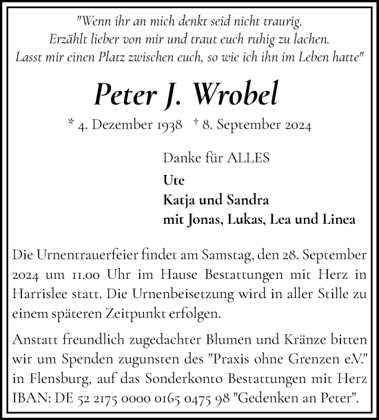 Traueranzeige von Peter J. Wrobel von Flensburger Tageblatt