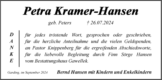 Traueranzeige von Petra Kramer-Hansen von Husumer Nachrichten, Nordfriesland Tageblatt