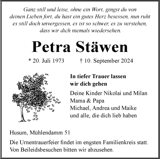 Traueranzeige von Petra Stäwen von Husumer Nachrichten, Nordfriesland Tageblatt