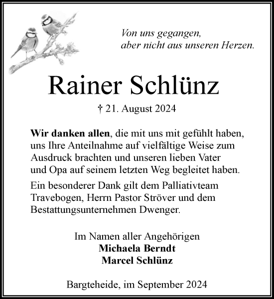 Traueranzeige von Rainer Schlünz von Stormaner Tageblatt