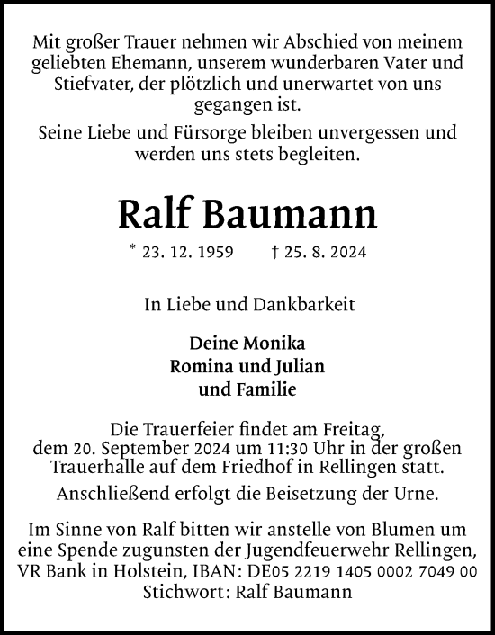 Traueranzeige von Ralf Baumann von Region Pinneberg und tip Pinneberg