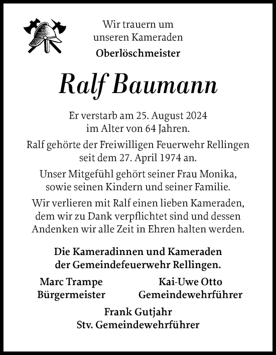 Traueranzeige von Ralf Baumann von Region Pinneberg und tip Pinneberg