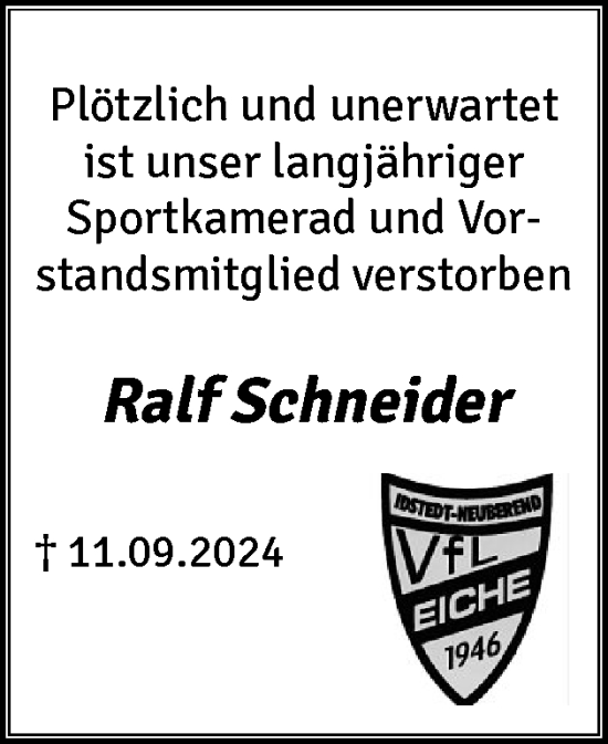 Traueranzeige von Ralf Schneider von Schleswiger Nachrichten, Schlei-Bote, Eckernförder Zeitung