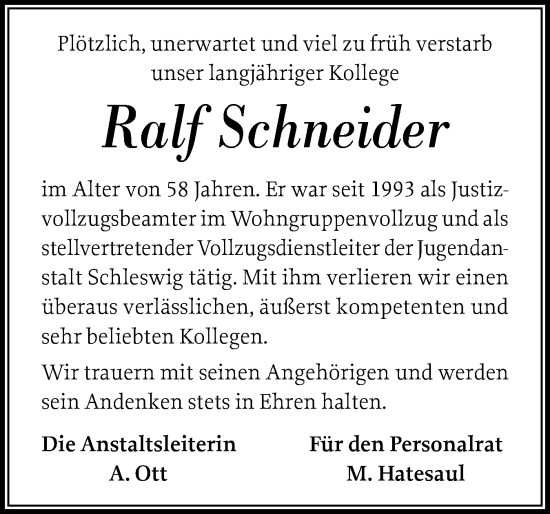 Traueranzeige von Ralf Schneider von Schleswiger Nachrichten, Schlei-Bote