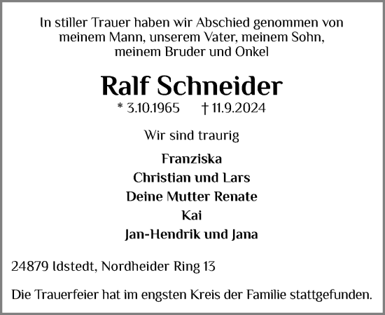 Traueranzeige von Ralf Schneider von Schleswiger Nachrichten, Schlei-Bote