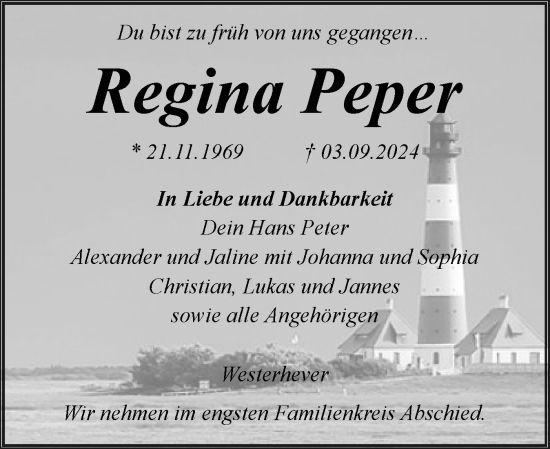 Traueranzeige von Regina Peper von Husumer Nachrichten, Nordfriesland Tageblatt