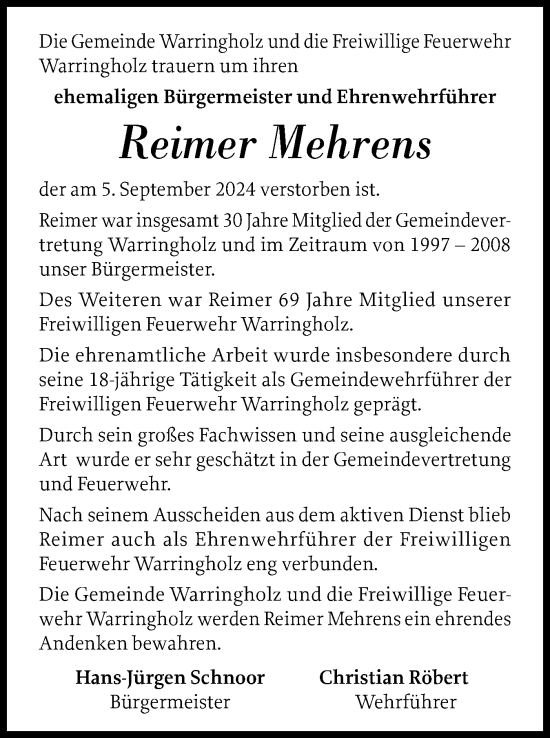 Traueranzeige von Reimer Mehrens von Norddeutsche Rundschau, Wilstersche Zeitung, Glückstädter Fortuna