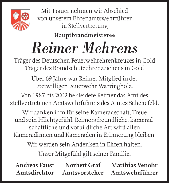 Traueranzeige von Reimer Mehrens von Norddeutsche Rundschau, Wilstersche Zeitung, Glückstädter Fortuna