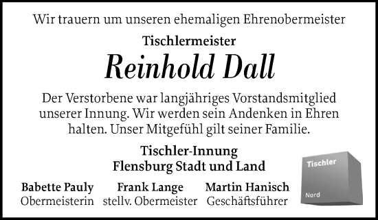 Traueranzeige von Reinhold Dall von Flensburger Tageblatt