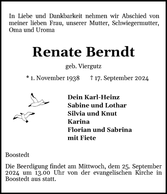 Traueranzeige von Renate Berndt von Holsteinischer Courier