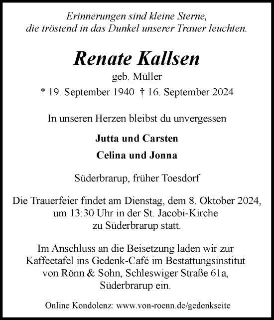 Traueranzeige von Renate Kallsen von Schleswiger Nachrichten, Schlei-Bote