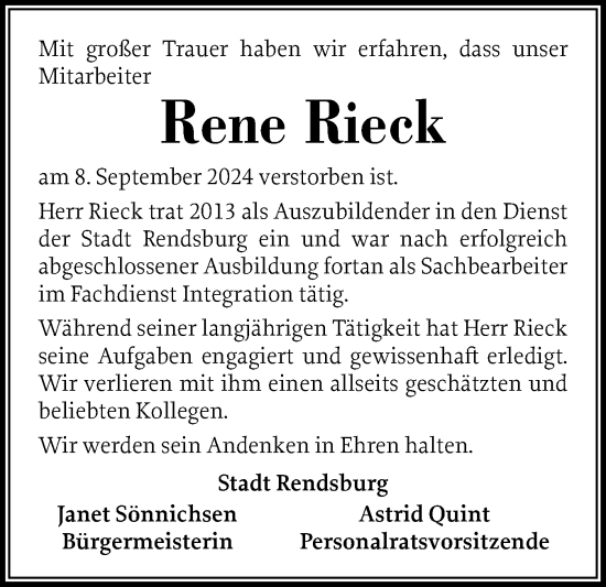 Traueranzeige von Rene Rieck von Schleswig-Holsteinische Landeszeitung