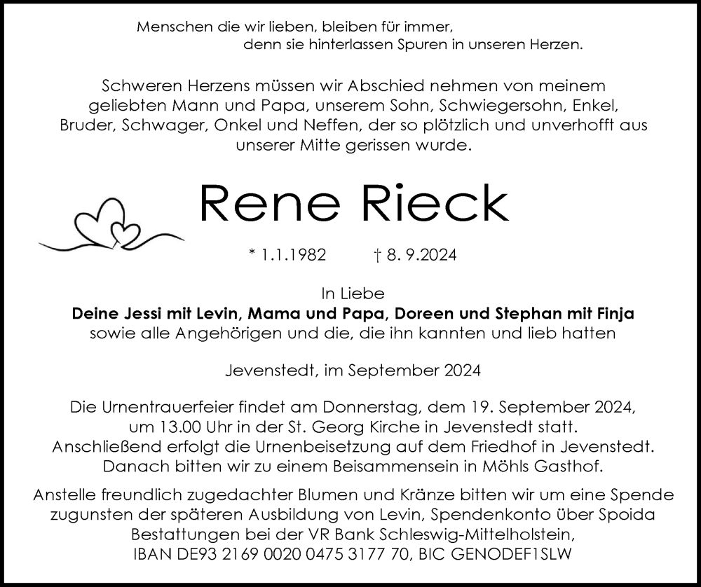  Traueranzeige für Rene Rieck vom 16.09.2024 aus Schleswig-Holsteinische Landeszeitung