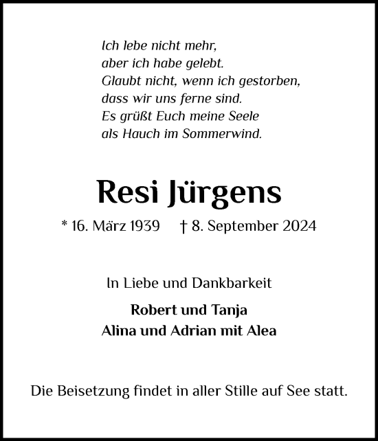 Traueranzeige von Resi Jürgens von Norddeutsche Rundschau, Wilstersche Zeitung, Glückstädter Fortuna