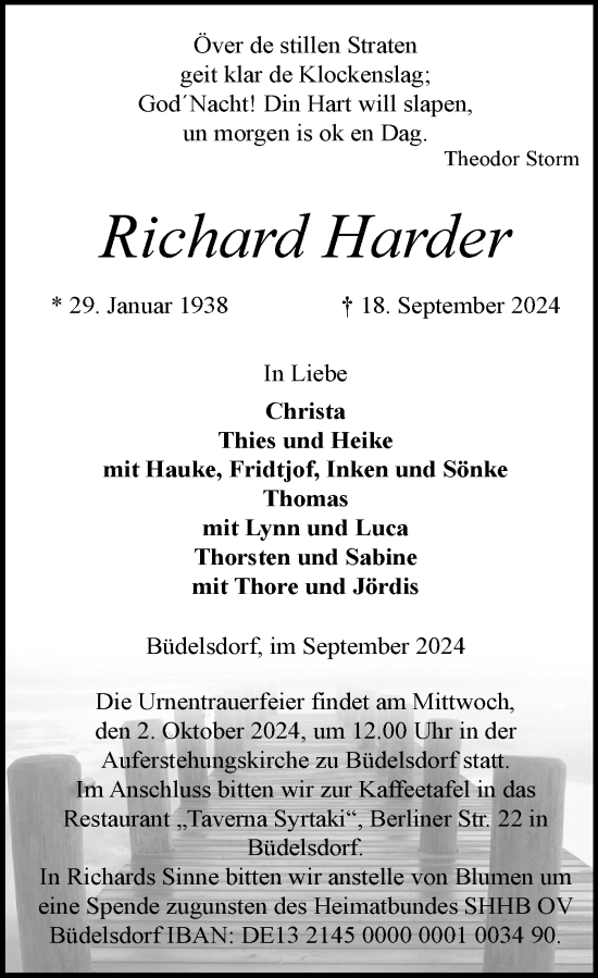 Traueranzeige von Richard Harder von Schleswig-Holsteinische Landeszeitung