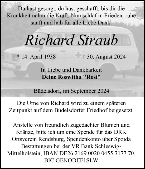 Traueranzeige von Richard Straub von Schleswig-Holsteinische Landeszeitung