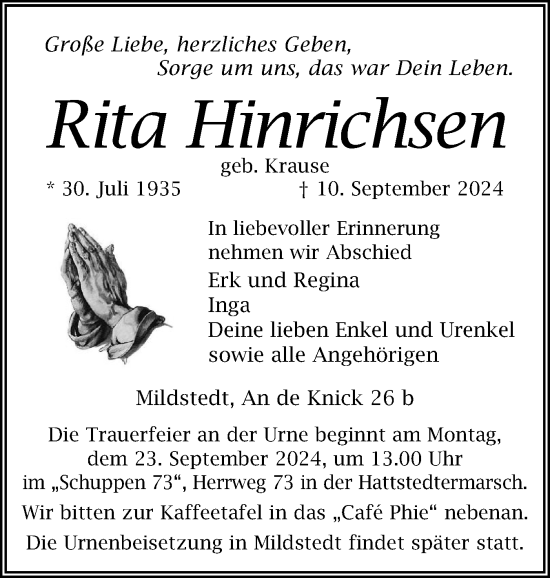 Traueranzeige von Rita Hinrichsen von Husumer Nachrichten, Nordfriesland Tageblatt