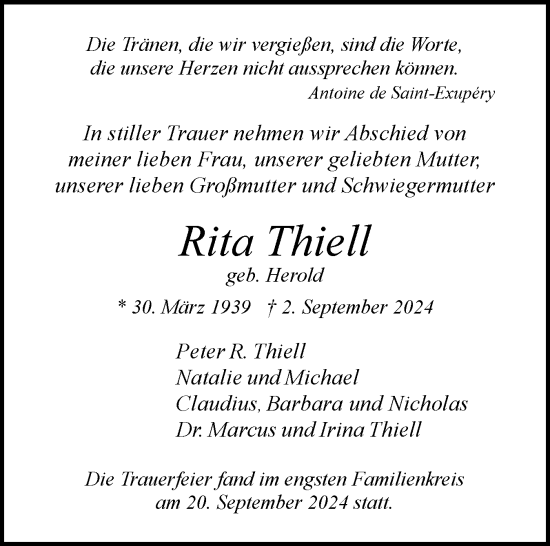 Traueranzeige von Rita Thiell von Region Pinneberg und tip Pinneberg