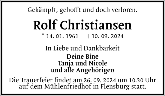 Traueranzeige von Rolf Christiansen von Flensburger Tageblatt