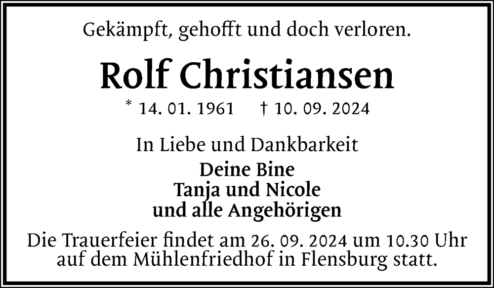  Traueranzeige für Rolf Christiansen vom 21.09.2024 aus Flensburger Tageblatt