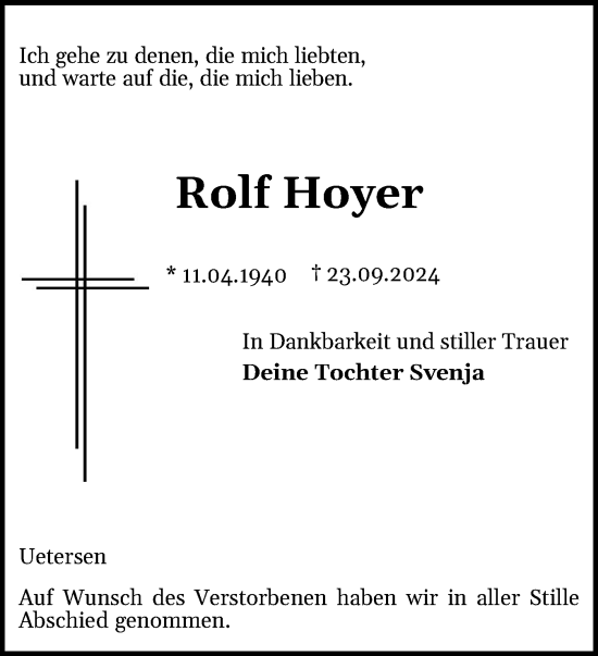 Traueranzeige von Rolf Hoyer von Elmshorner Nachrichten, Barmstedter Zeitung