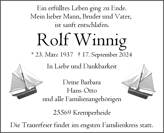 Traueranzeige von Rolf Winnig von Norddeutsche Rundschau, Wilstersche Zeitung, Glückstädter Fortuna