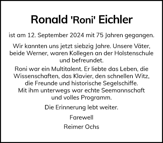 Traueranzeige von Ronald Eichler von Holsteinischer Courier